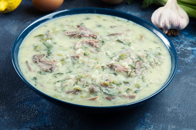 Magiritsa Greek lamb soup with egg and lemon sauce served in a bowl for Easter