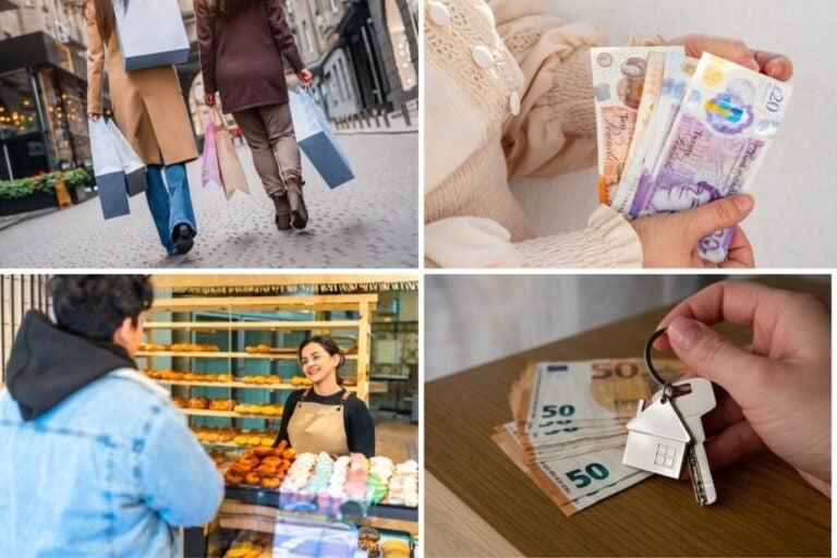 People shopping and with money in pounds and euros