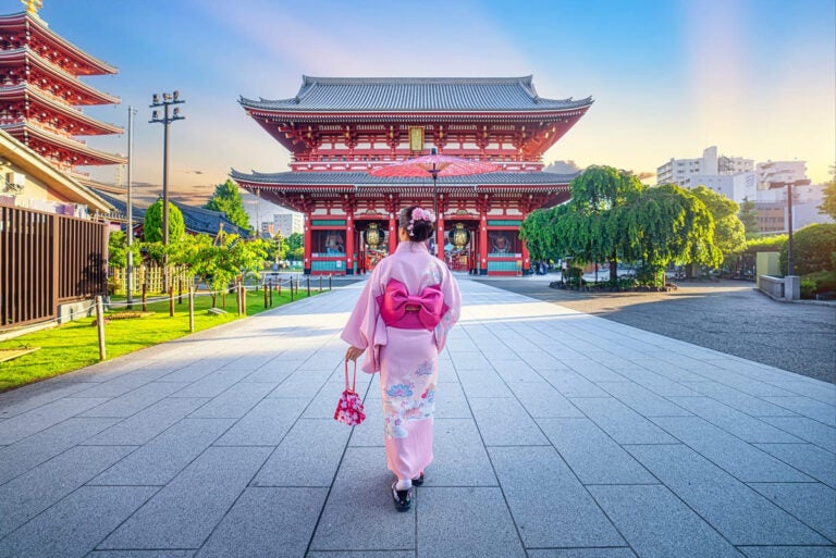 Woman in traditional kimono walking near Senso-ji Temple in Asakusa, Tokyo, Japan