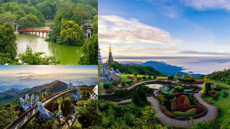 A three-panel collage showing misty twin pagodas at sunrise on Doi Inthanon mountain in Chiang Mai, the red The Huc Bridge arching over Hoan Kiem Lake in Hanoi surrounded by blooming phoenix trees, and tourists walking across the curved Golden Bridge in the Ba Na Hills near Da Nang.