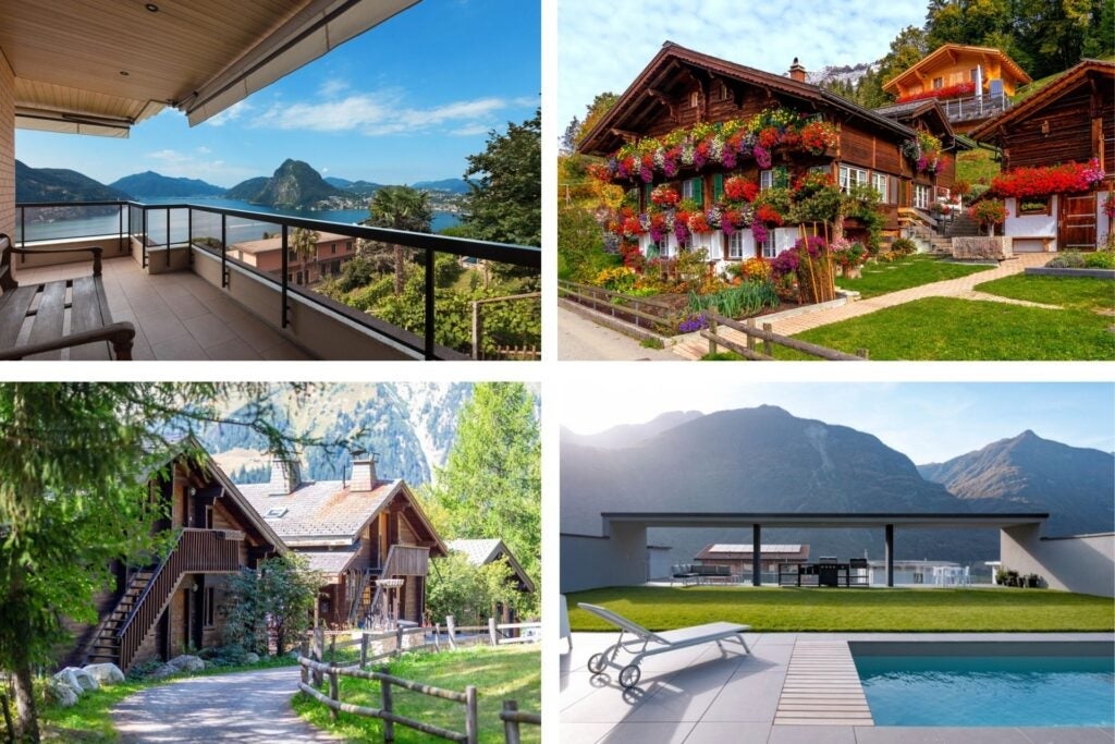 Maisons suisses traditionnelles et villas de luxe avec piscine.