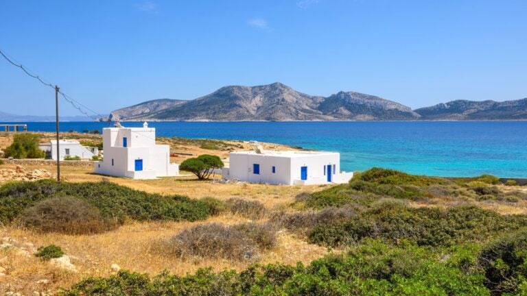 White traditional houses along the southern coastline of Koufonisia in the Small Cyclades, Greece