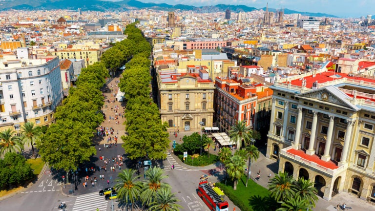 Aerial view of La Rambla in Barcelona, with El Raval district on the left and Barri Gòtic on the right, seen from the Christopher Columbus monument.