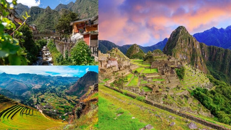 A three-panel collage showing the terraced ruins of Machu Picchu against a misty mountain backdrop, a colorful shop-lined alley in Aguas Calientes with a stream running through its center, and the sweeping green agricultural terraces of the Sacred Valley with the Andes mountains in the distance.