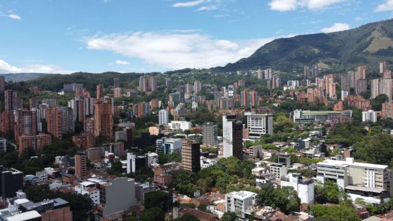 An aerial view of high rise buildings in the El Poblado neighborhood of Medellín
