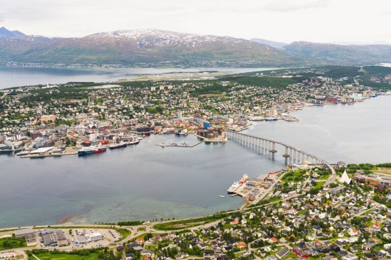 Aerial view of Tromso and bridge.