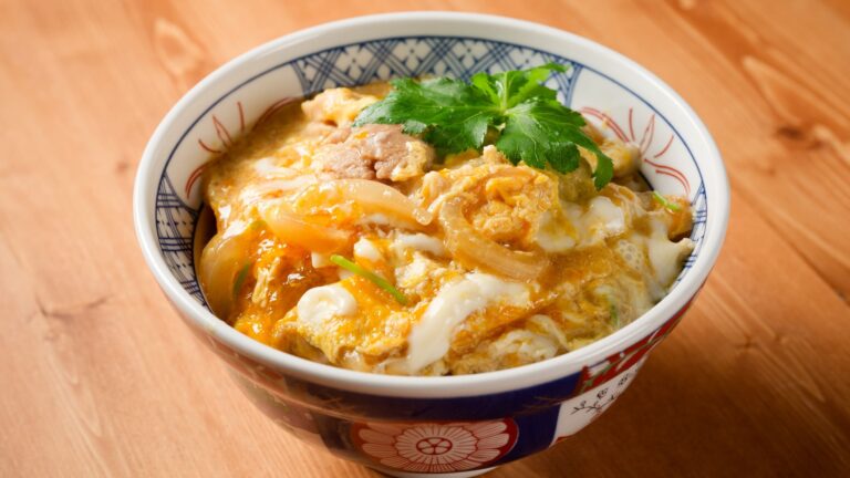 A bowl of oyakodon, a traditional Japanese chicken and egg rice dish