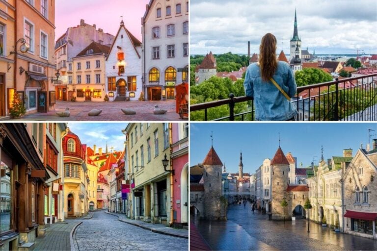 Different locations and streets in Estonia with a woman admiring the landscape