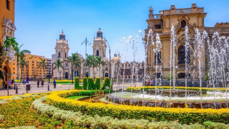 A wide-angle view of Lima's Plaza de Armas featuring the ornate yellow facade of the Lima Cathedral, palm trees, and pedestrians gathered in the open colonial square on a clear day.
