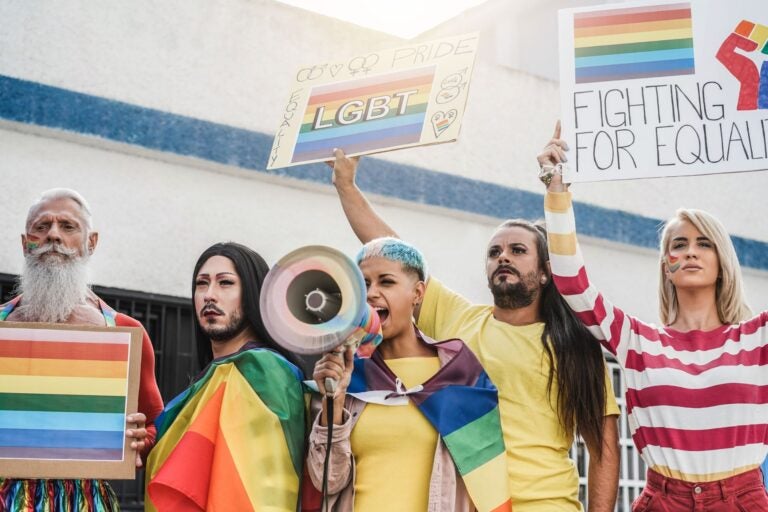 Gay people protest at LGPT pride parade.