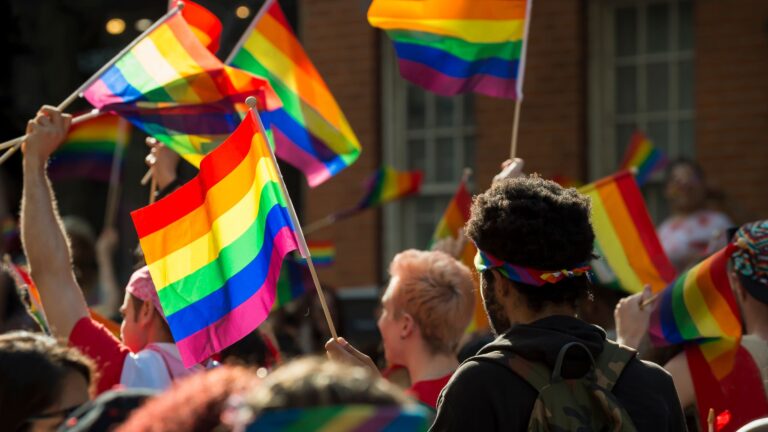 A crowd of supporters holding rainbow flags and handmade signs line the street as the Pride Parade passes through Greenwich Village in New York City.