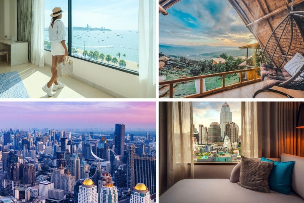 Appartements en Thaïlande et femme admirant la mer depuis une fenêtre.