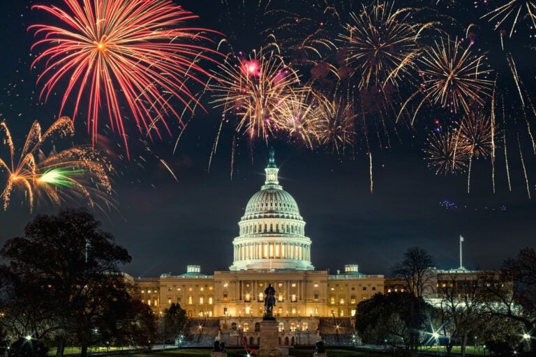 Capitol Building with fireworks.