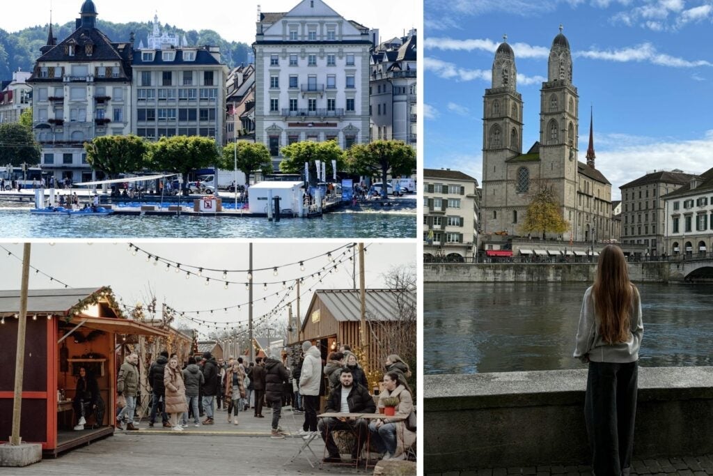 Une jeune femme admirant la ville de Zurich tandis que des touristes profitent d’un marché.