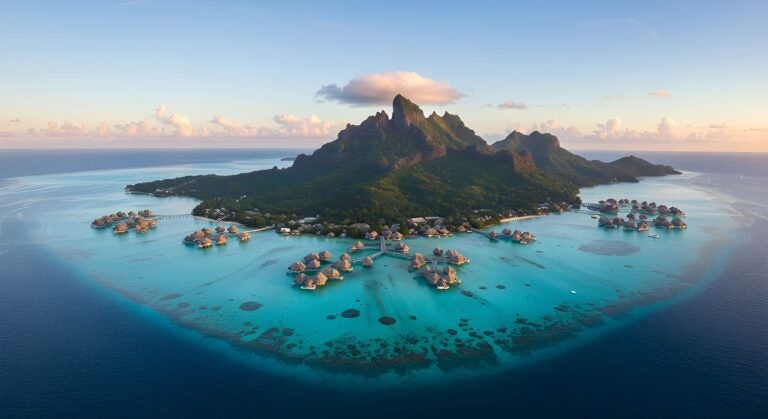 aerial bora bora view with accomodations and mount ohue