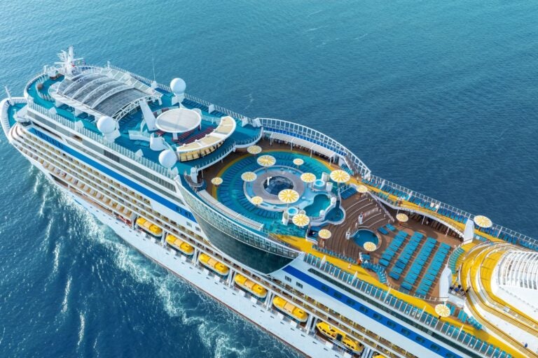 Aerial top view of a luxury cruise ship.