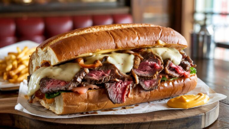 A grilled Philly cheesesteak on a crusty roll, filled with thinly sliced beef, melted provolone, and onions, served hot.