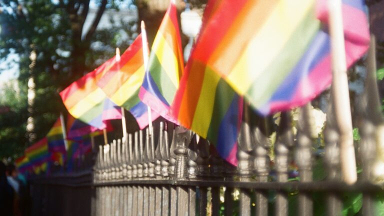 Rainbow Pride flags attached to a black iron fence outside the Stonewall Inn, fluttering in daylight with trees visible in the background, shot on film.