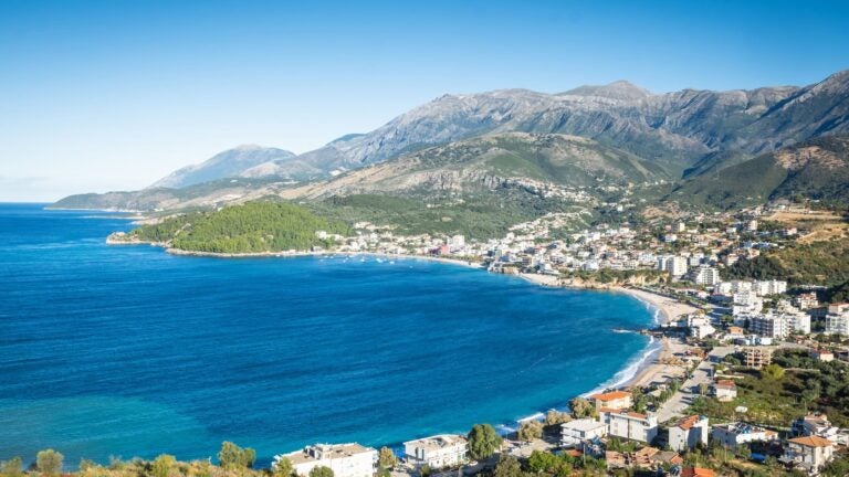Panoramic view of the seaside town of Himarë along the Ionian coast in Albania