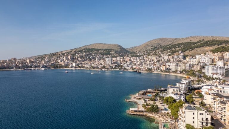 Aerial view of the harbour and waterfront of Sarandë on the Albanian coast