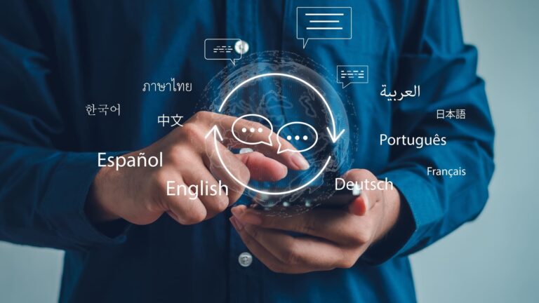 A man holds a smartphone displaying a language translation interface with multilingual chat bubbles floating above the screen.