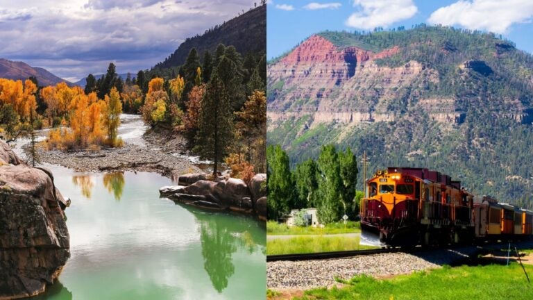 Collage of Durango, Colorado river and historic train
