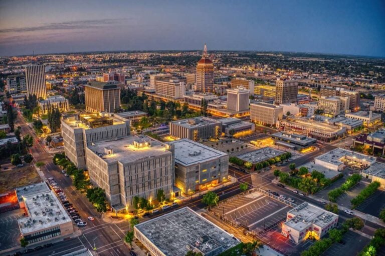 Aerial view of Fresno, California skyline in Dusk