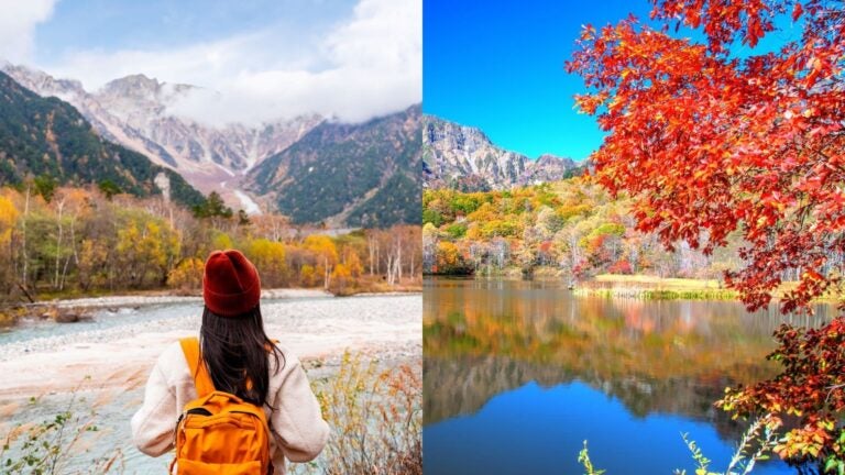 collage of 2 images - Koyo autumn leaves turn Kamikochi and the Japanese Alps into a spectacular fall escape