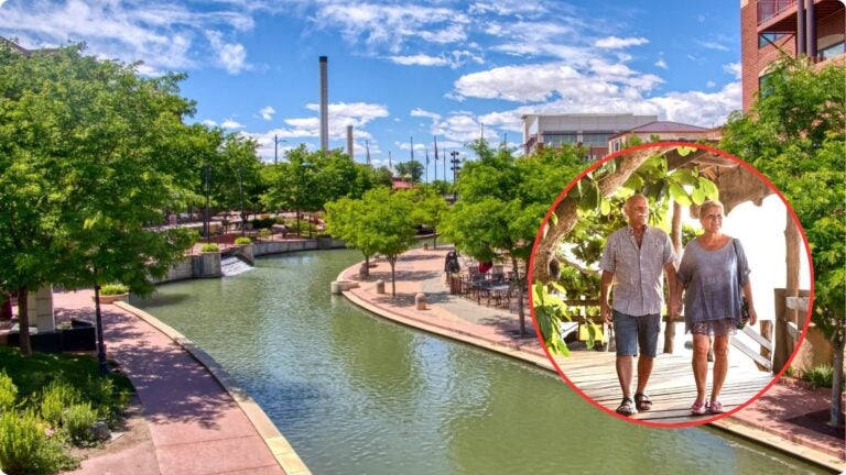 collage of Pueblo, Colorado riverside walkway and an older couple walking outdoors