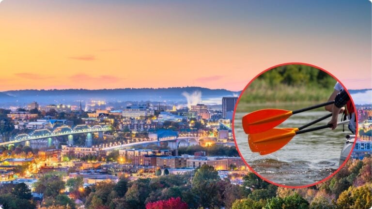 Collage of Chattanooga, Tennessee cityscape and river rafting