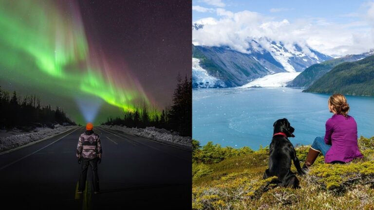 A traveler watches the aurora beside a snowy road, alongside a daytime view of an Alaskan glacier.