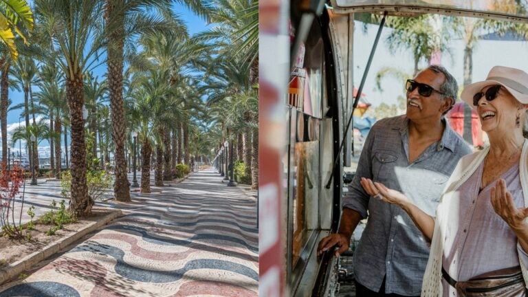 Retired couple beside Alicante’s palm-lined Explanada de España promenade.