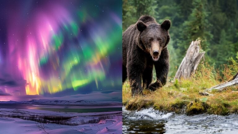 Colorful northern lights over a snowy landscape beside a black bear walking through an Alaskan forest.