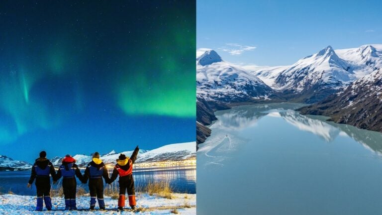 A group watches green northern lights beside a snowy mountain lake, paired with an Alaskan fjord.