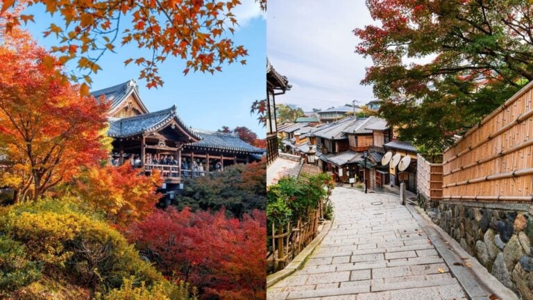 collage of 2 images - 1 showing the Tofukuji Temple and the other showing a street in Kyoto