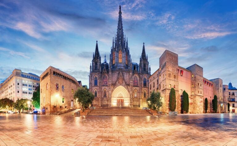 The Barcelona Cathedral light up at night in Barcelona