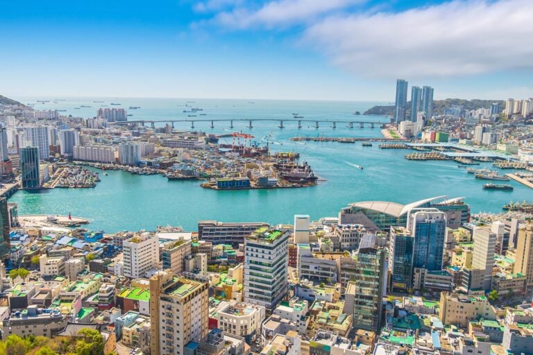 Aerial view of Busan's harbour with fishing boats, and cargo ships on the horizon.