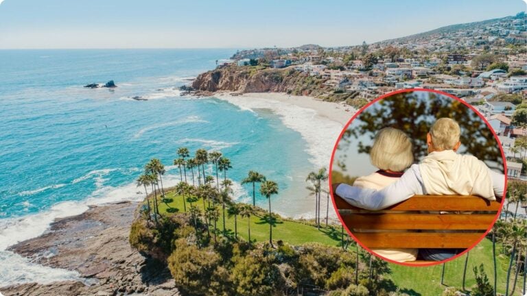 Collage of Laguna Beach, California and an older couple sitting on a bench