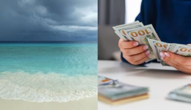 Split image of a Caribbean beach under dark storm clouds beside a person counting hundred-dollar bills