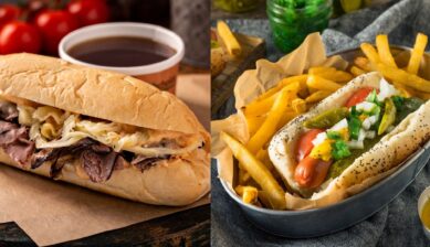A split image showing a Chicago Italian beef sandwich with a cup of au jus on the left, and a Chicago-style hot dog loaded with mustard, relish, onions, tomato, and sport peppers alongside fries on the right.