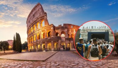 Empty Colosseum at sunrise with a circular inset showing a dense crowd of tourists queuing at a landmark
