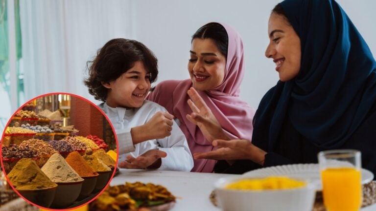 Family enjoying a meal at home, with an inset image of colorful spices and food ingredients at a market.