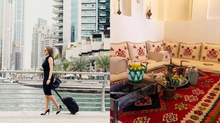 Woman with luggage walking through Dubai Marina beside high-rise buildings, alongside a traditional Emirati living room with cushions, rugs, and tea sets.