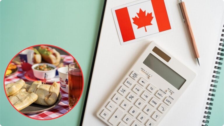 Canadian flag, calculator, notebook, and food representing grocery costs in Canada.