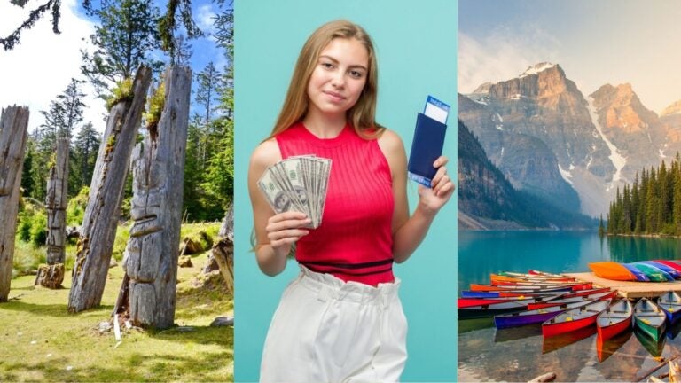 Woman holding cash and a passport between Canadian forest and mountain lake scenes, representing travel and living costs in Canada.