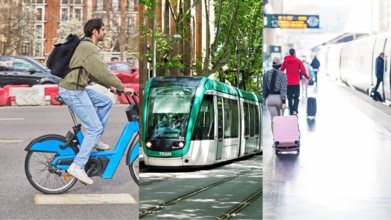 A man riding an electric bicycle, a green tram on city tracks, and travelers with luggage at a train station, showing transportation options in Spain.