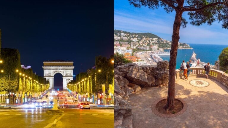 collage showing The Arc de Triomphe at night and the Viewpoint on Castle Hill Nice France