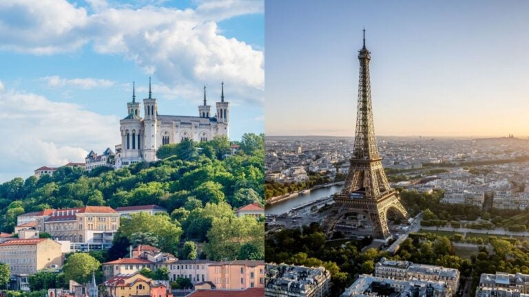 collage showing 2 images of 2 cities in France, one is Paris, other is Lyon