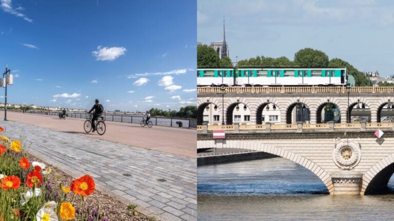 collage showing 2 modes of transport in France - 1st is cycling, 2nd is the metro