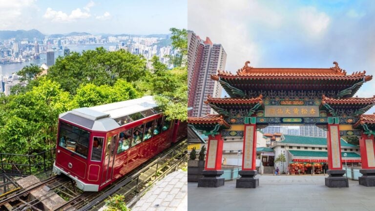 collage of 2 images - Wong Tai Sin Temple Hong Kong and the tram at Victoria Peak Hong Kong